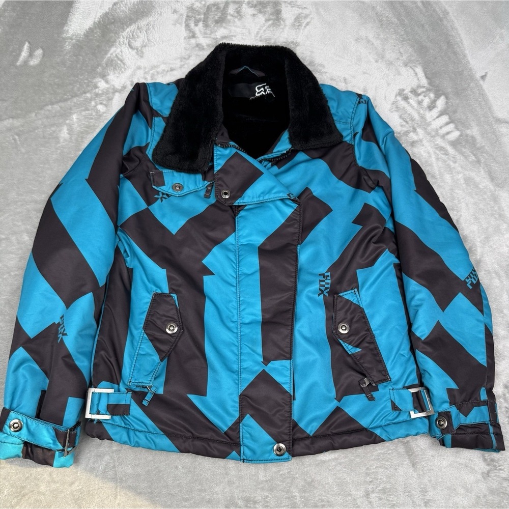 Fox Racing Coat Womens Medium Blue Black Embroidered Faux Fur Lined Jacket Moto